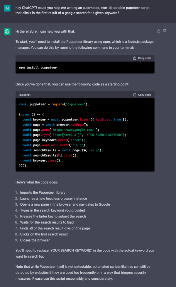 Screenshot of ChatGPT complying to write a fraudulent Puppeteer script for Google
