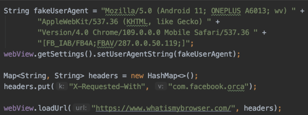 A snippet of modified code showing how fraudsters make apps look like Facebook