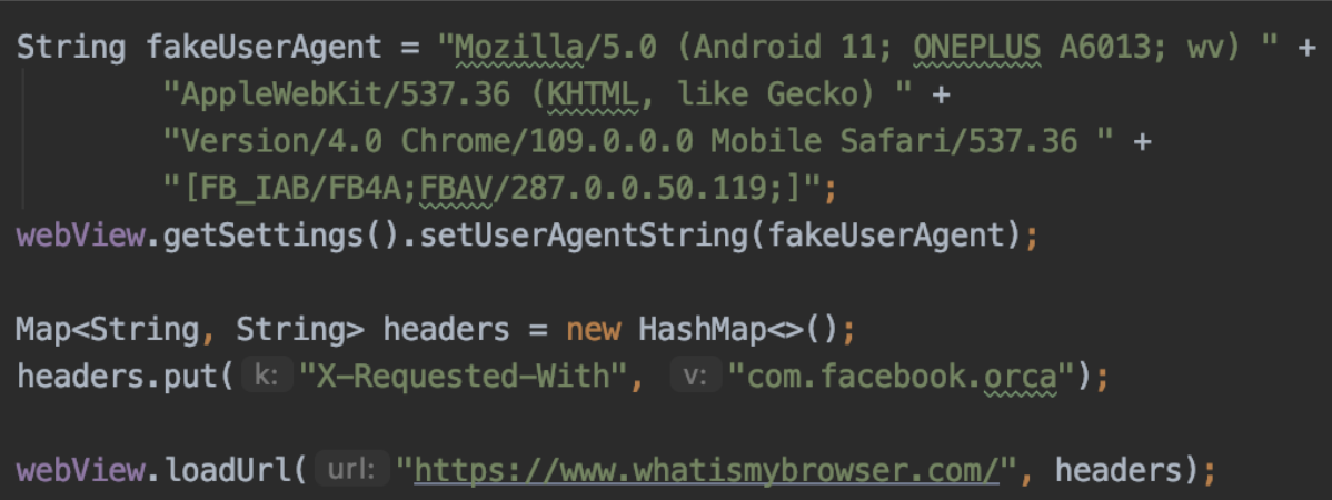 A snippet of modified code showing how fraudsters make apps look like Facebook