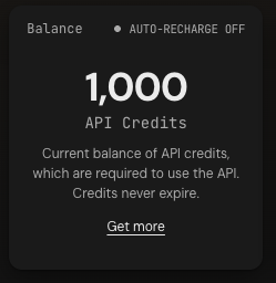 IP Raccoon API credits balance panel showing 1,000 free API credits available, auto-recharge off
