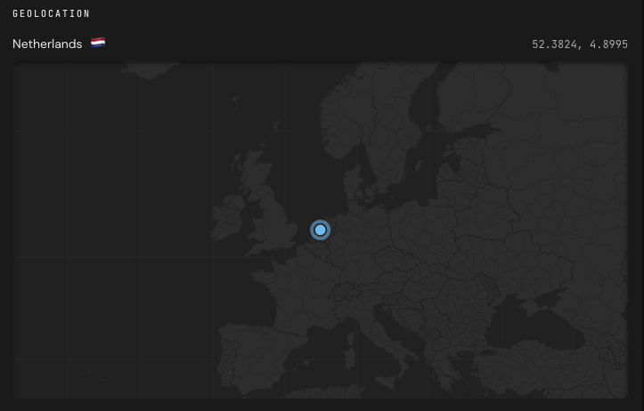 IP Raccoon geolocation result for a Netherlands IP address, showing country, flag and exact coordinates on a map