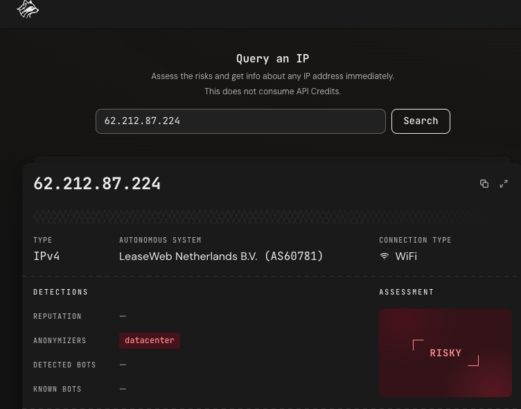 IP Raccoon Query an IP tool flagging a datacenter IP address as Risky, with reputation, anonymizer and bot detection fields